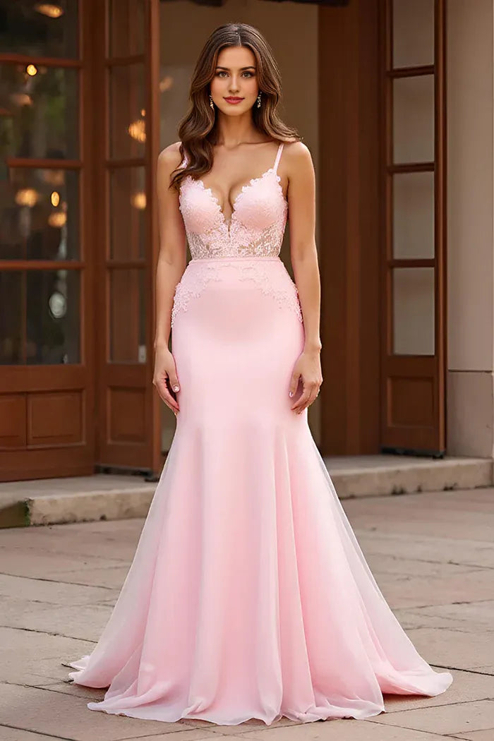 Weitese Dress Mermaid V Neck Pink Spaghetti Straps Sleeveless Prom Dress With Appliques